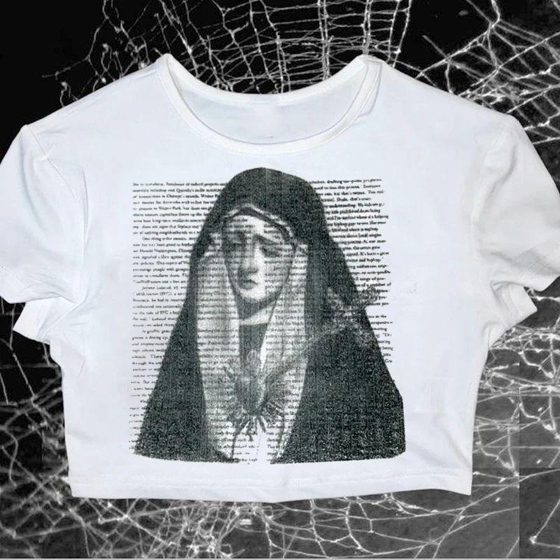 Винтажная готическая футболка Y2K с круглым вырезом для мужчин и женщин: Ретро Свободный Крой с Европейским и Американским Готическим Принтом