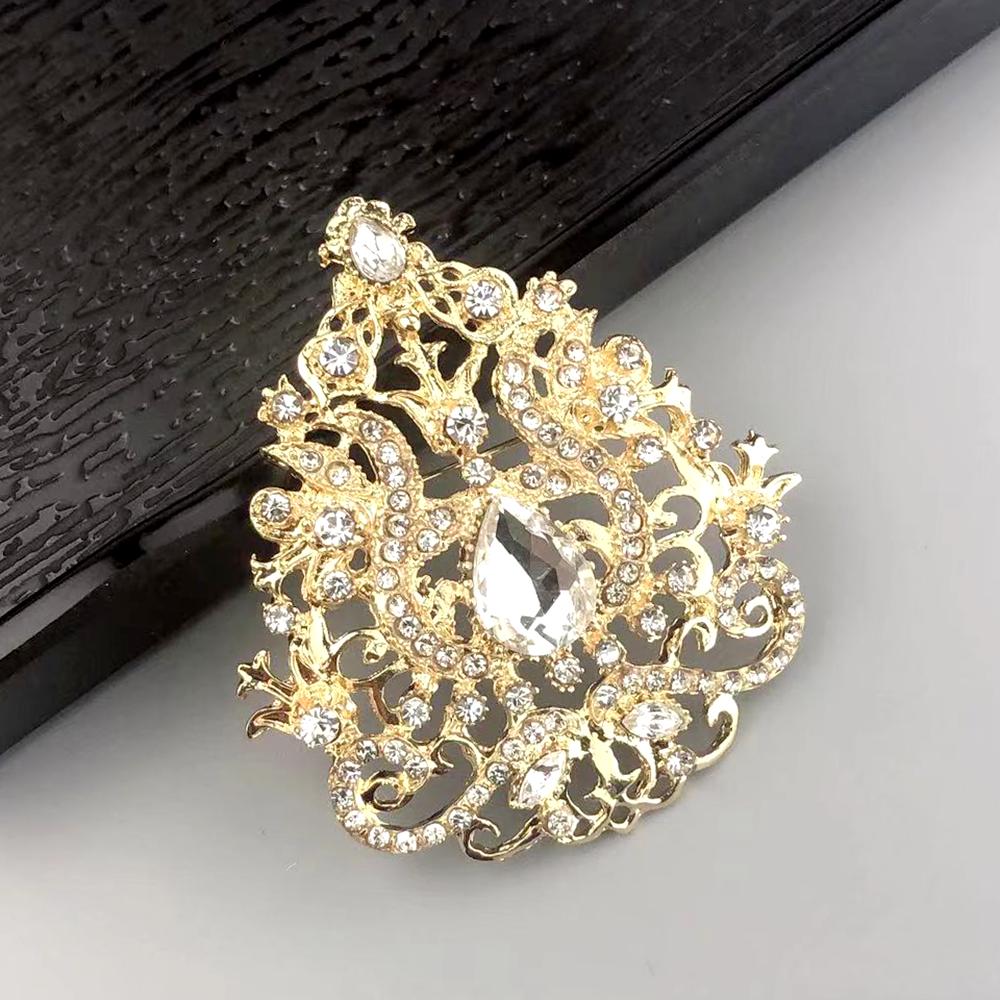 Gold Color Brooch Crystal Lady Ethnic Wedding Jewelry Hijab Pins Bridal Gift 2023