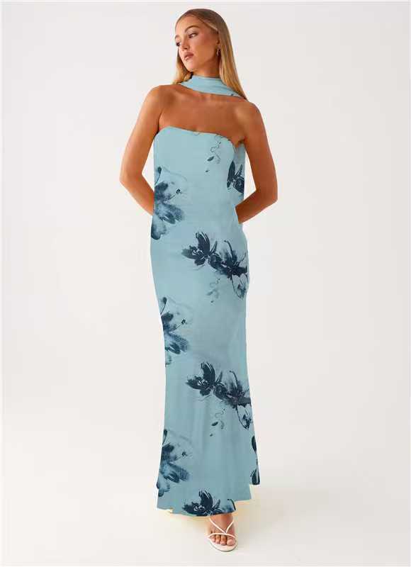 French Floral Chiffon Maxi Dress With Zipper For Summer Beach Vacation