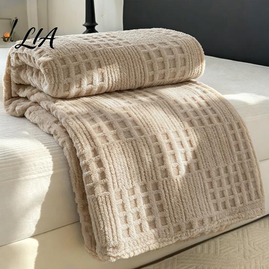 Bedroom Sleeping Blanket 3D Waffle Checkered Throw Blanket, Solid Color Milk Fleece Plush Sofa Matching Soft Cozy Cover for Couch Bed Office Naps Shu