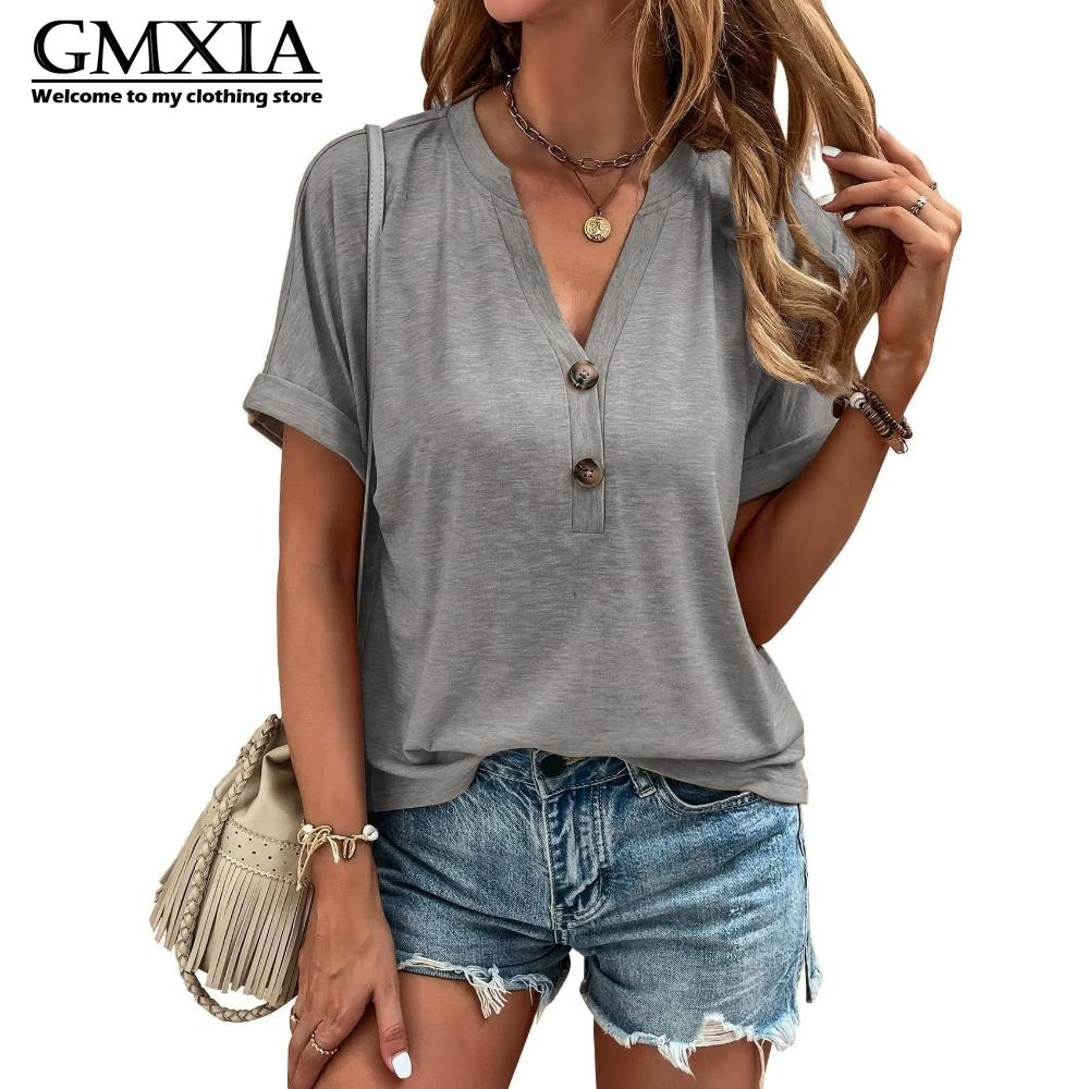 GMXIA Women's Fashion Casual Solid Color Print Short Sleeve V Neck Leisure Blouses & Shirts