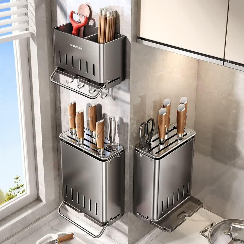 Cream Style Wooden Kitchen Knife & Utensil Organizer
