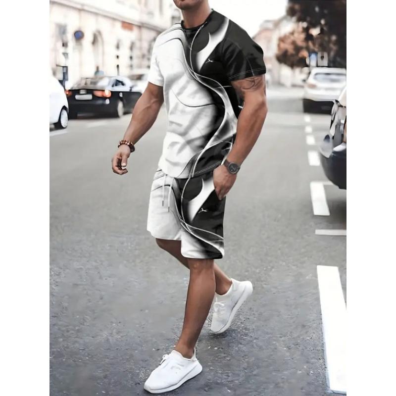 2025 Urban Street Trend Men's Suit Summer Casual Short Sleeve Shorts 2 Pieces Unique Geometric Print Outdoor Casual