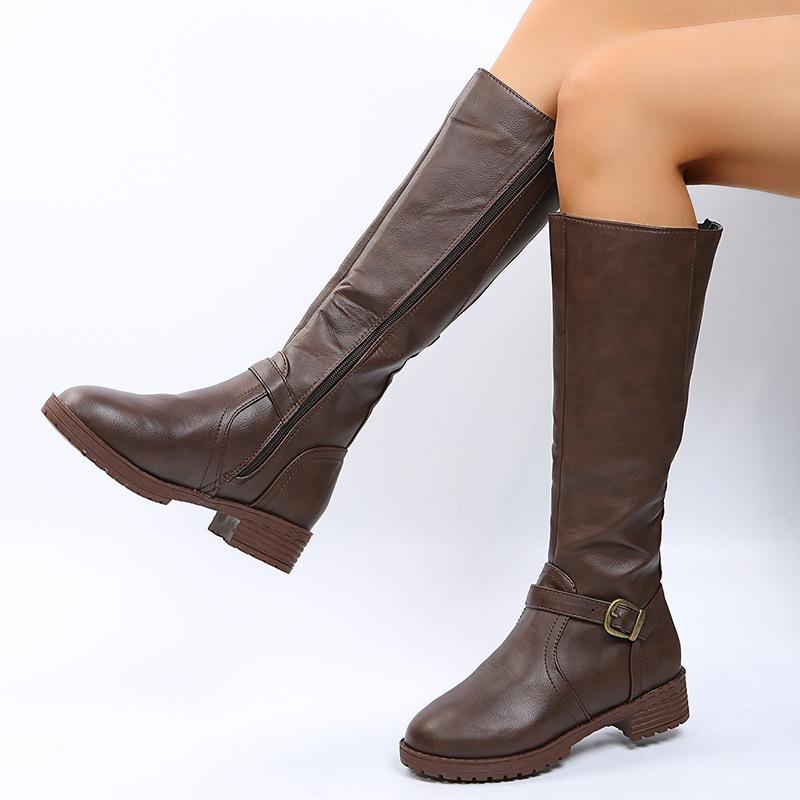Vintage Brown Women Knee High Boots Big Size Low Heels Platform Long Boots Autumn Winter Pu Leather  Women Warm Booties