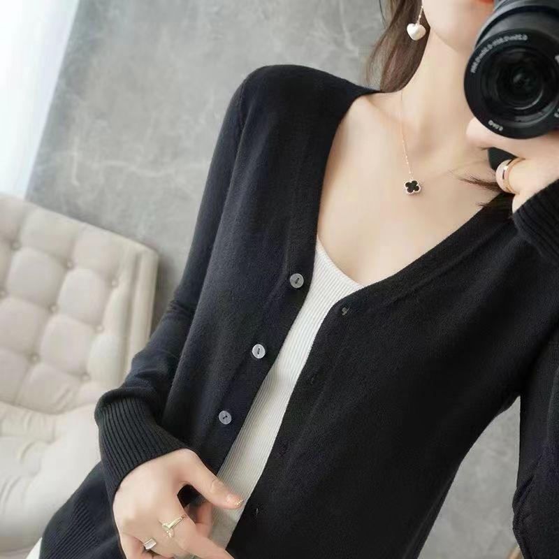 Women's V-Neck Knitted Cardigan Loose Slim Plus Size Sweater All-match Jacket Solid Color Basic Small Cardigans for Spring Autumn
