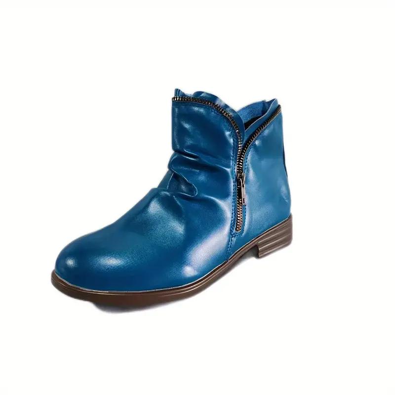 Women's Double Zipper Short Boots, Solid Color Platform Low-heeled Shoes, Retro Pleated Detail Short Boots