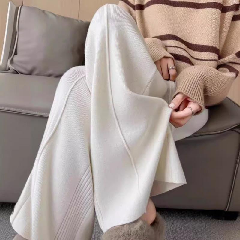 Women's Autumn and Winter Knitted Wide Leg High Waisted Pure Colour Pants