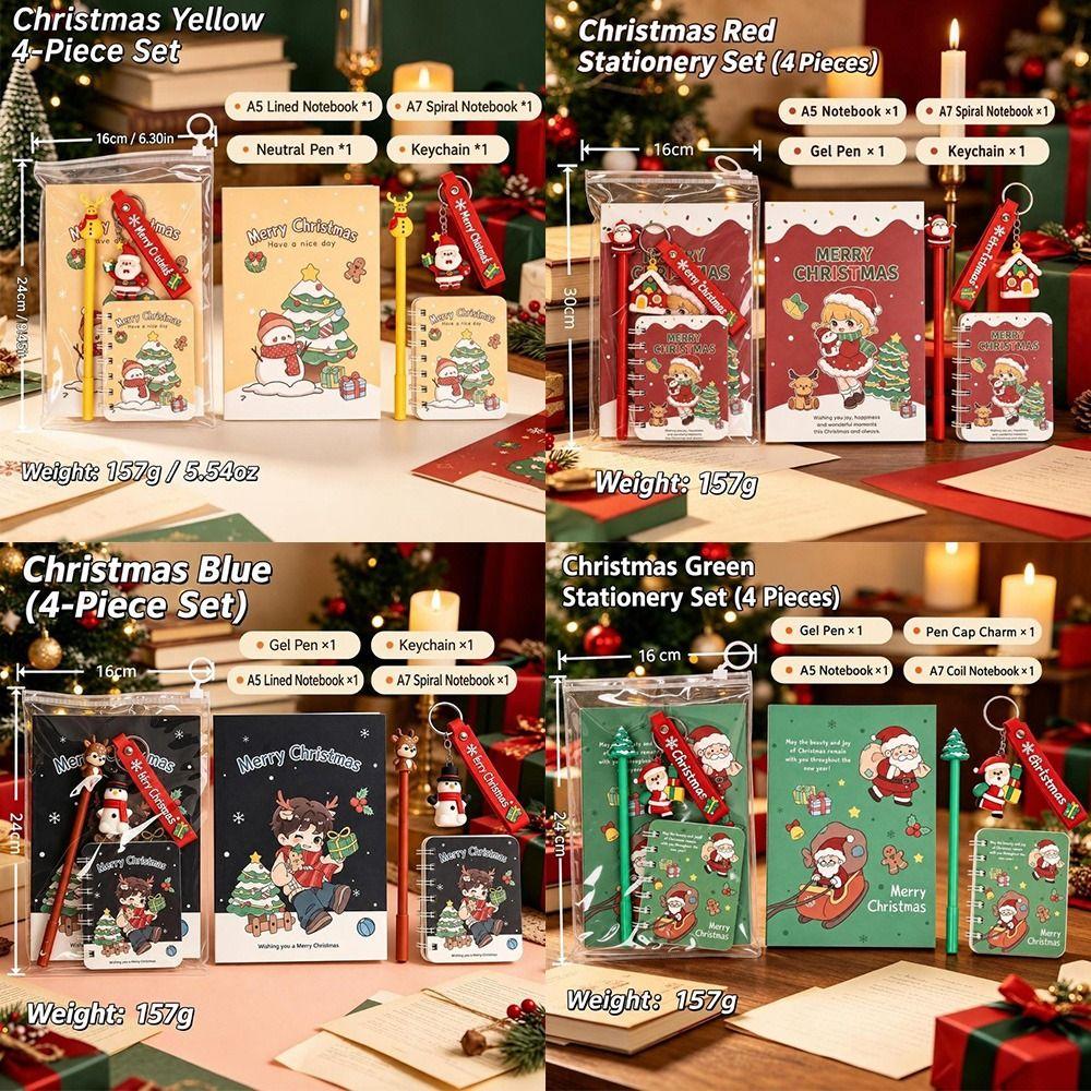 4Pcs/Set Santa Claus Christmas Gel Pen Christmas Keychain Christmas Coil Notebook Holiday Gifts