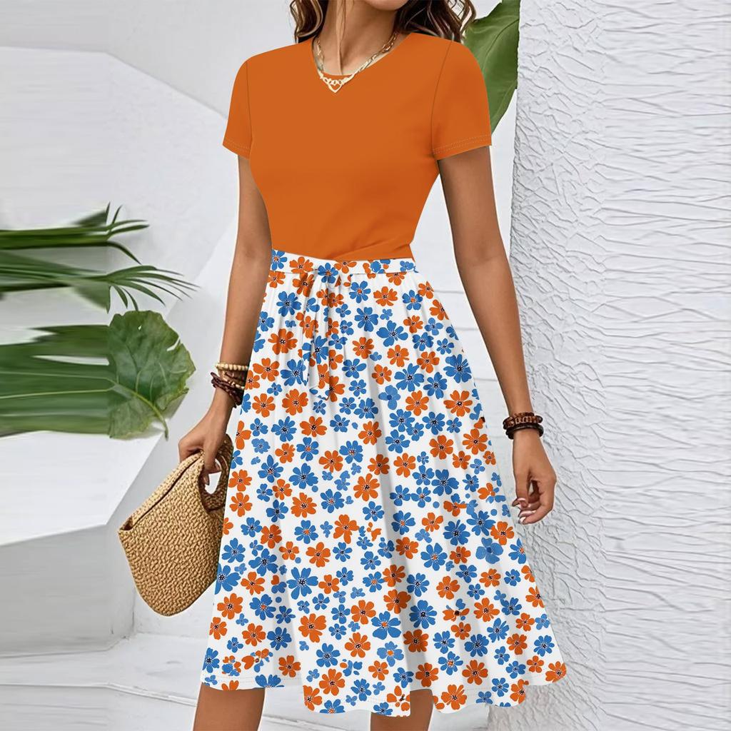 Women's Casual Fashion Belted Floral Printed Short Sleeve Round Neck Elegant Flowing Dress