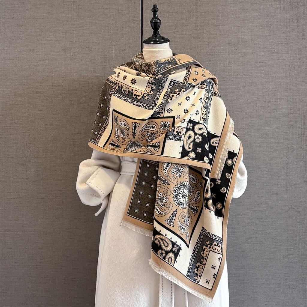 Autumn and Winter New Contrasting Color Splicing Imitation Cashmere Scarf Women's Thickened Warm Cashew Flower Jacquard Shawl Versatile Scarf