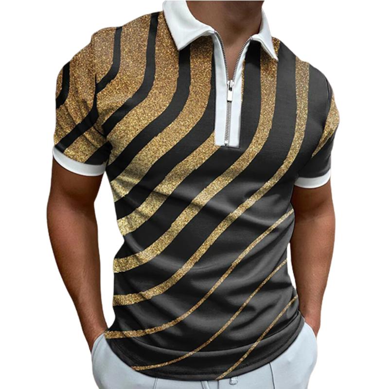 Casual Lapel T-shirt Young Men's Fashion Zipper T-shirt Short Sleeve T-shirt Men's 3D Sea Wave Print T Shirt