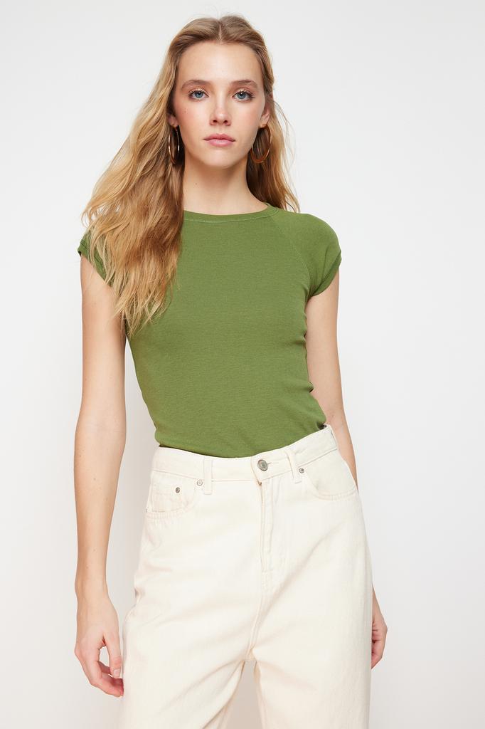 Women's Fashion Blouse Crew Neck Short Black Backless Tie Detailed Ribbed Flexible Knitted Blouse