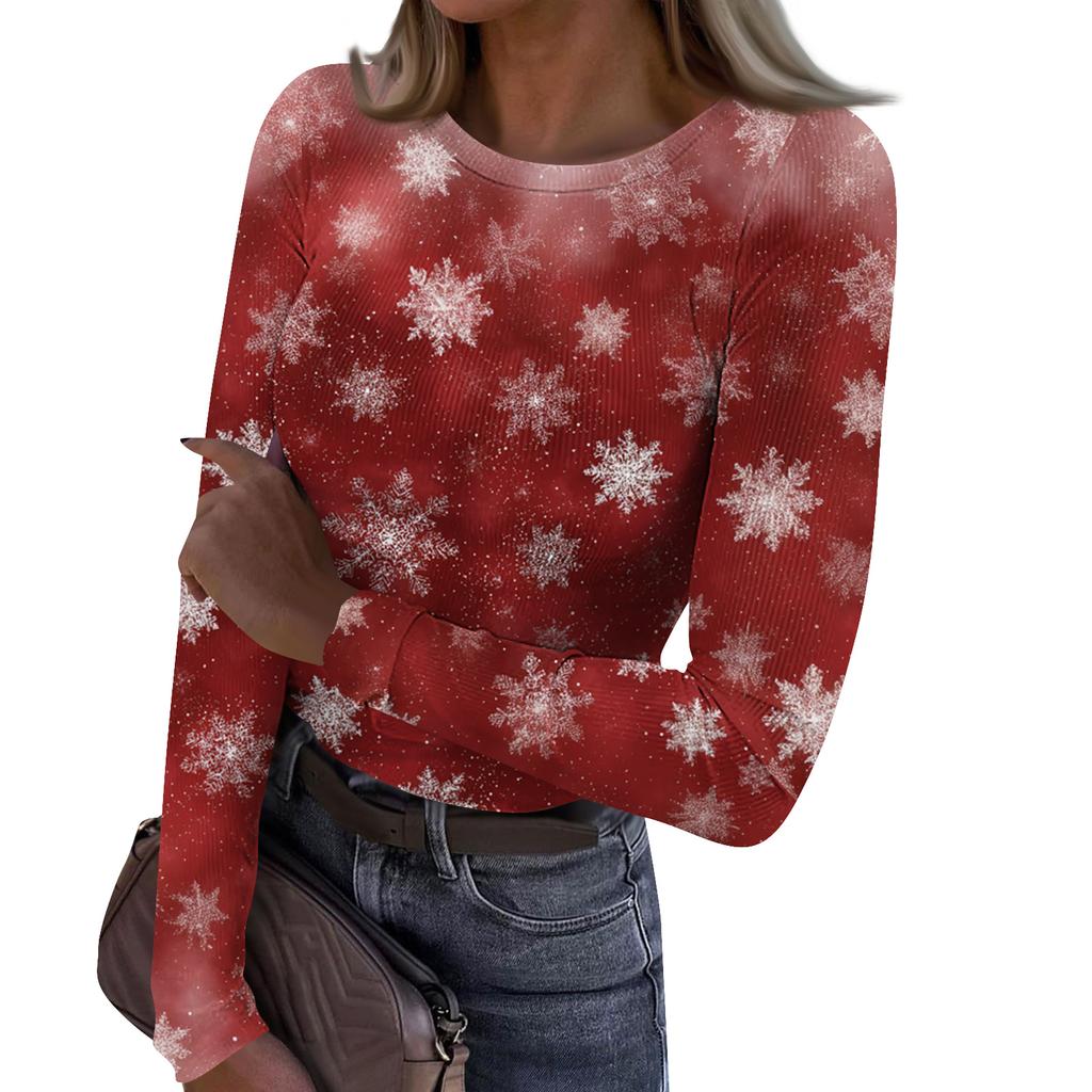 Women's Fashion Slim-Fit Round Neck Base Layer T-Shirt Christmas Print Long-Sleeved Top