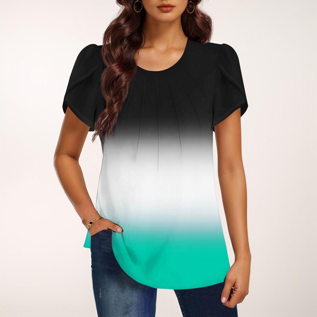 Женская модная футболка с круглым вырезом и коротким рукавом с градиентным принтом, повседневная базовая плиссированная футболка-пуловер