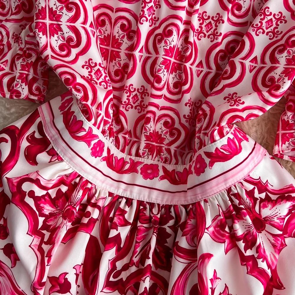 Летнее подиумное красно-синее фарфоровое вечернее платье, женские пляжные мини-платья с v-образным вырезом и расклешенными рукавами, оборками и пуговицами с цветочным принтом