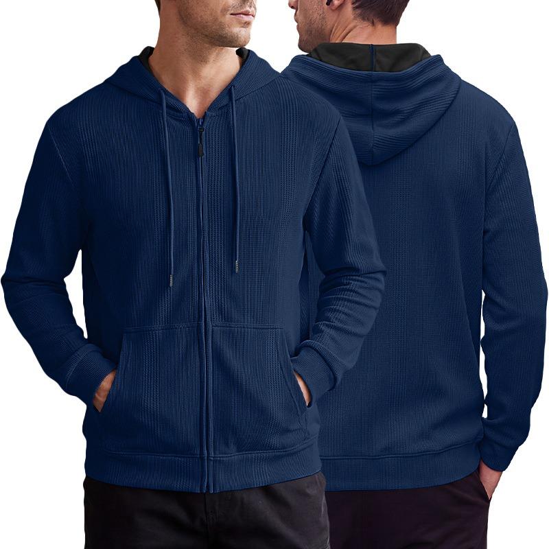 Men S Hooded Waffle Knit Zip Up Cardigan Sweatshirt Loose Fit Casual