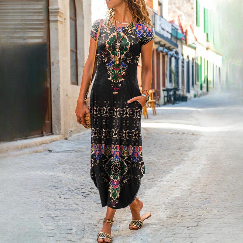 QICED Женская мода лето весна однотонный принт с коротким рукавом и круглым вырезом с высокой талией повседневные платья