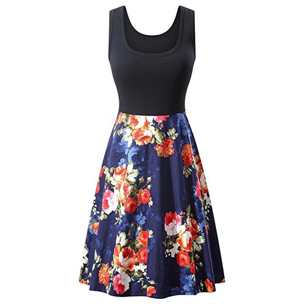Womens Retro Floral Print Sleeveless Cotton Dress With Round Neck For Summer Vintage Style