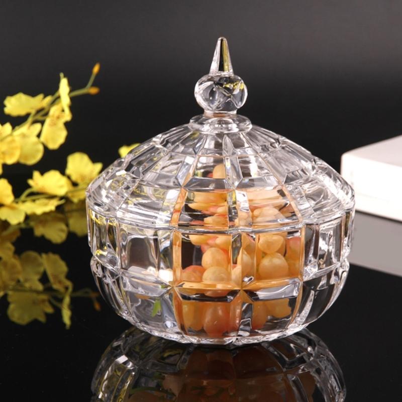 Embossed Clear Glass Crystal Candy Jar Dish with Lid for Snacks Storage Home Decors Trinket Jewelry Organizers Box