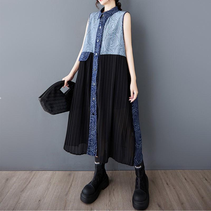 Без рукавов Большие размеры джинсовая винтажная пэчворк новые платья для женщин повседневное свободное длинное летнее платье