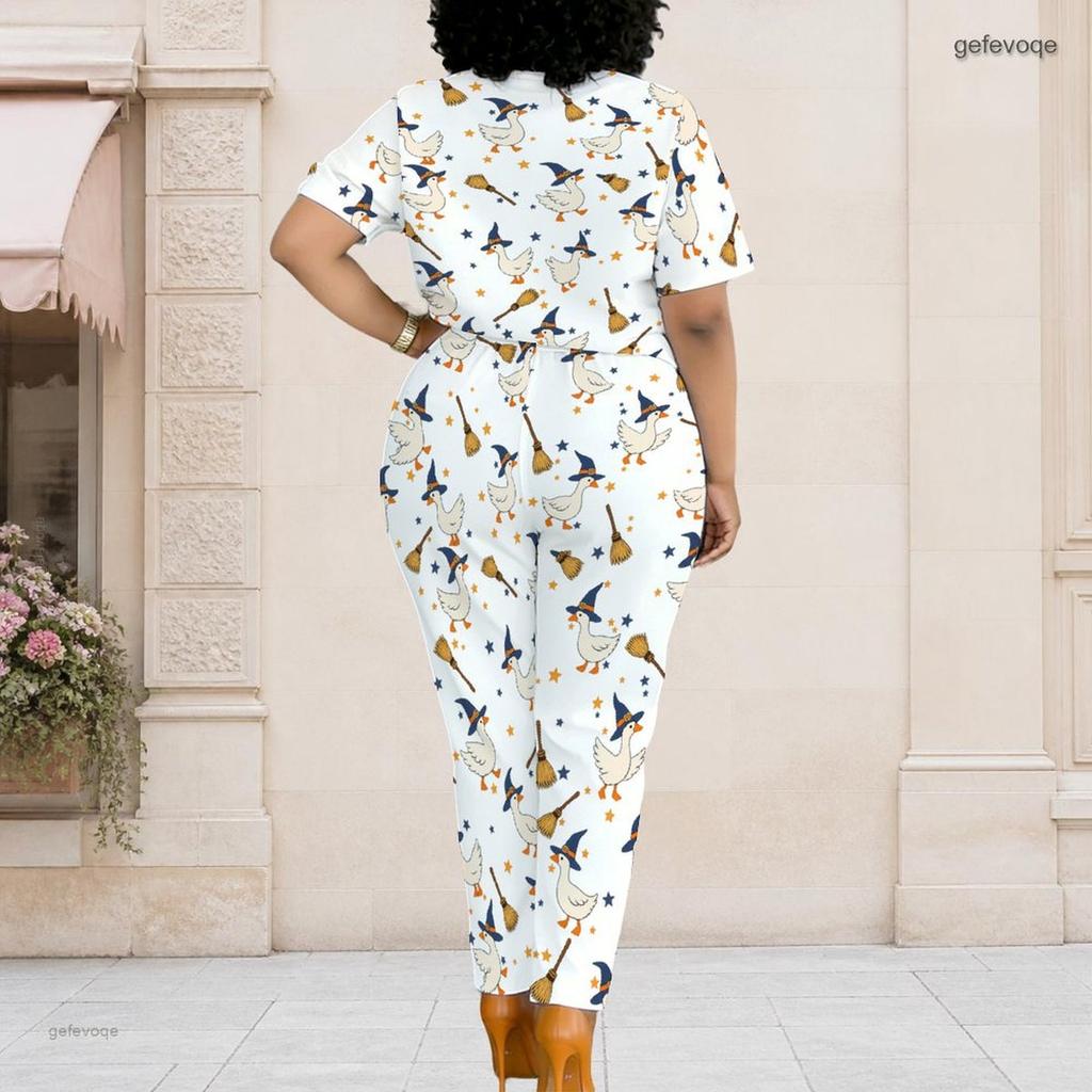 Women Plus Size White Printed Two Piece Set Short Sleeve Top Pocket Pants