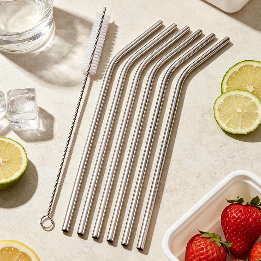 7Pcs Reusable Drinking Straw Metal Straws Cleaner Brush 304 Stainless Steel Straws Set Eco-friendly Drinkware Straw Set