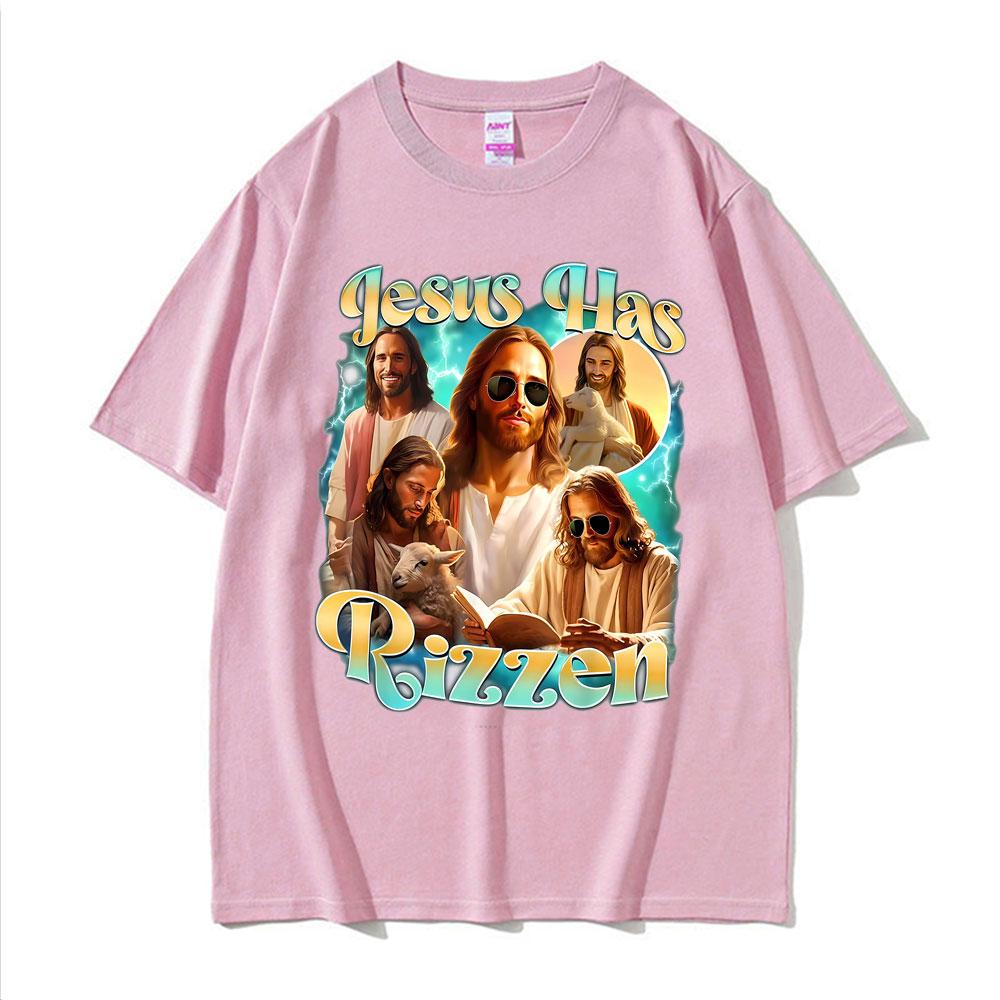 Jesus Has Rizzen He Ls Rizzin Funny Christian Religious Tee Shirt Men Women Summer Tshirt Vintage Oversized T Shirt Streetwear