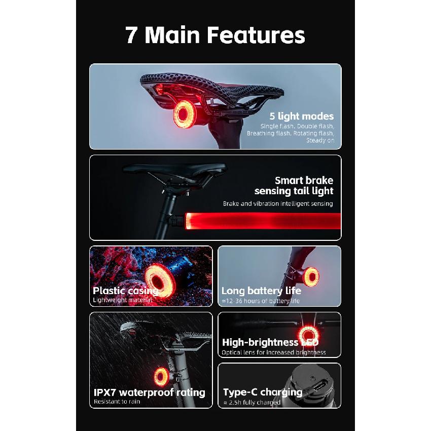ROCKBROS Smart Bike Tail Light Bicycle Rear Lights IPX6 Waterproof Bike Lights for Night Riding with Type C Rechargeable