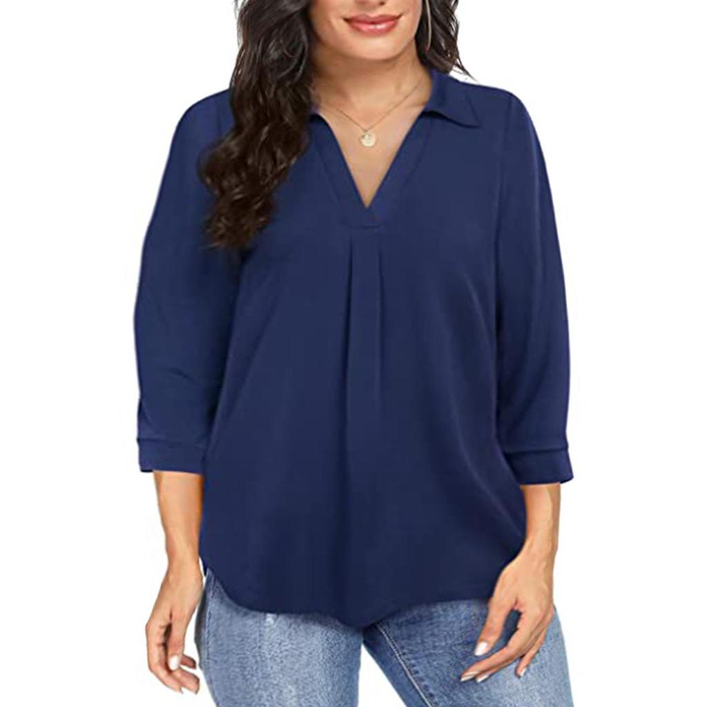 Women's Summer Chiffon Loose 7-quarter Sleeve V-neck Plus Size Shirt