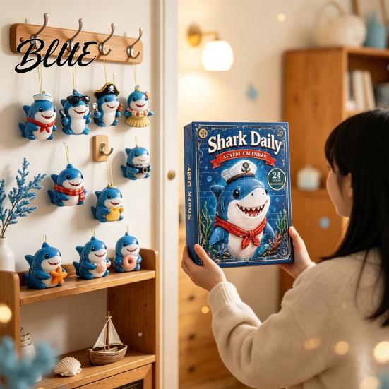 Holiday Countdown Calendar Marine Shark Advent Calendar, 24 Days Christmas Acrylic Collectible Curiosity Toy Set Figures, Hanging Ornament for