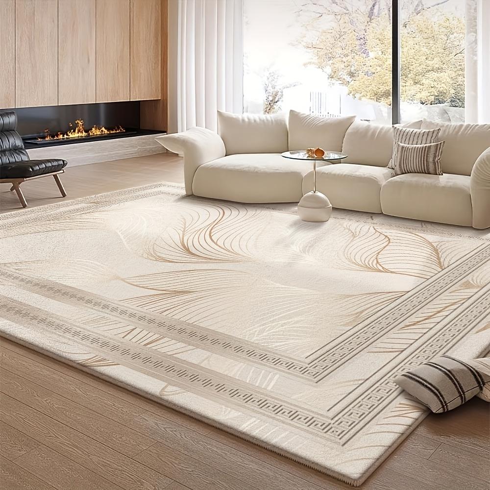 Minimalist Beige Leaf Pattern Area Rug Luxury Golden Line Border Non‑slip Soft Washable Large Living Room Carpet