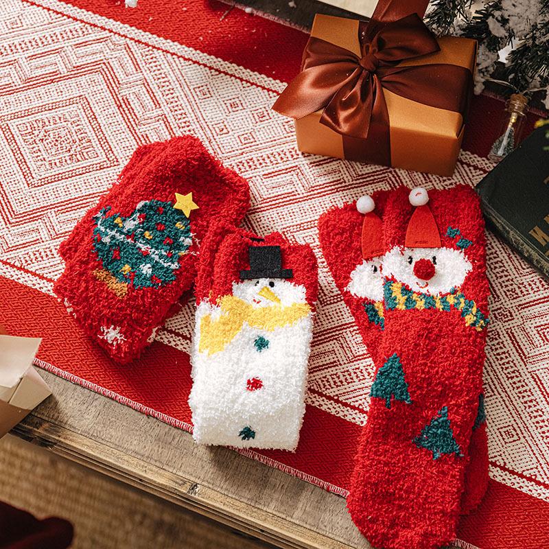 Новые женские осенне-зимние утолщенные носки из кораллового флиса на Рождество, женские носки-тапочки до середины икры, носки для сна с трехмерным рисунком