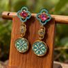 Vintage Pattern Inlaid with Imitation Turquoise Circular Pendant Earrings, Women's Personalized Ethnic Style Holiday Accessories