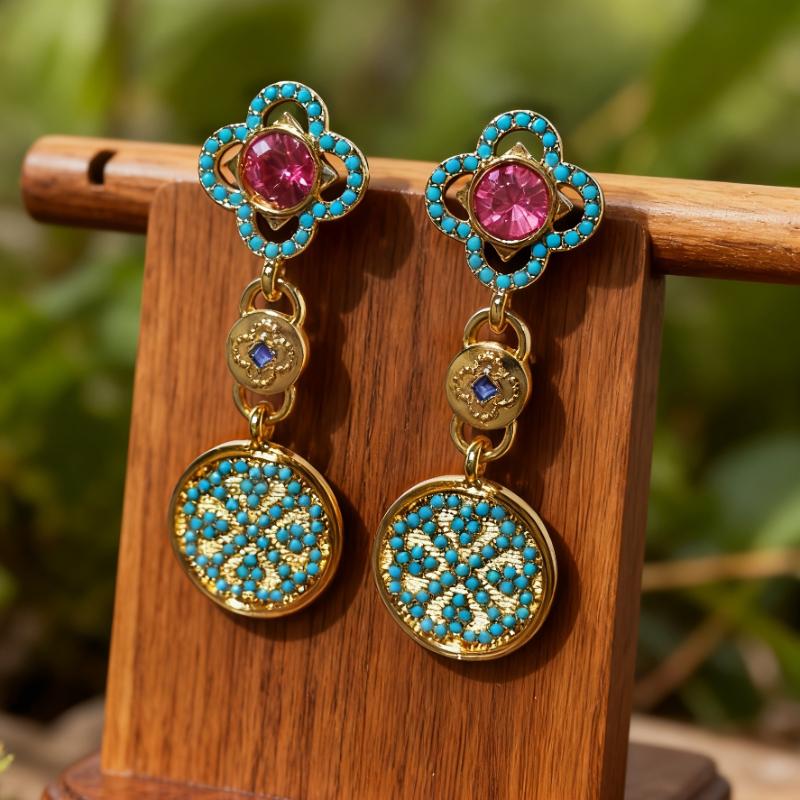 Vintage Pattern Inlaid with Imitation Turquoise Circular Pendant Earrings, Women's Personalized Ethnic Style Holiday Accessories
