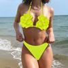 2Pcs/Set Women Swimsuit Suit Halter 3D Flower Decor Bra Low-rise Swimming Trunks Set Solid Color Quick Drying Beachwear