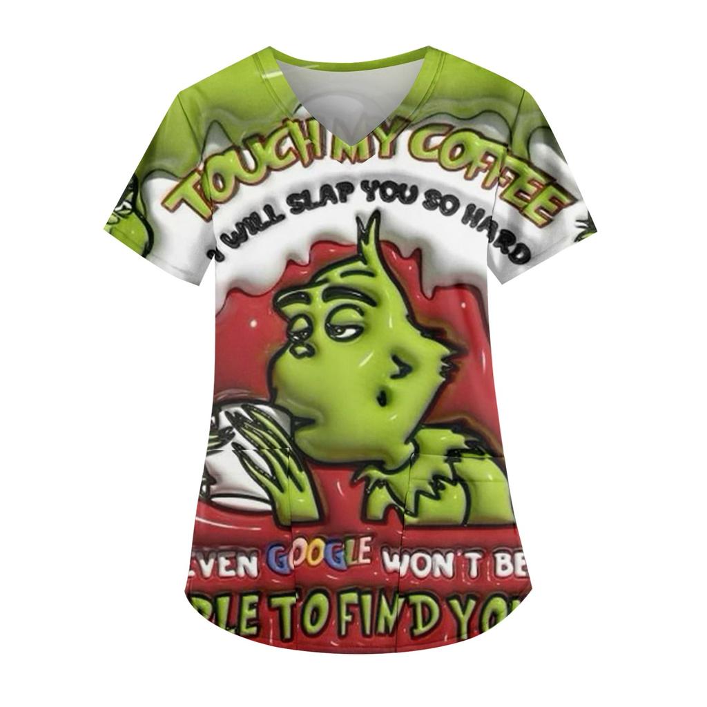 Women's Fashion Printed Short Sleeve V Neck Pattern Tops Pocket Working T-shirts