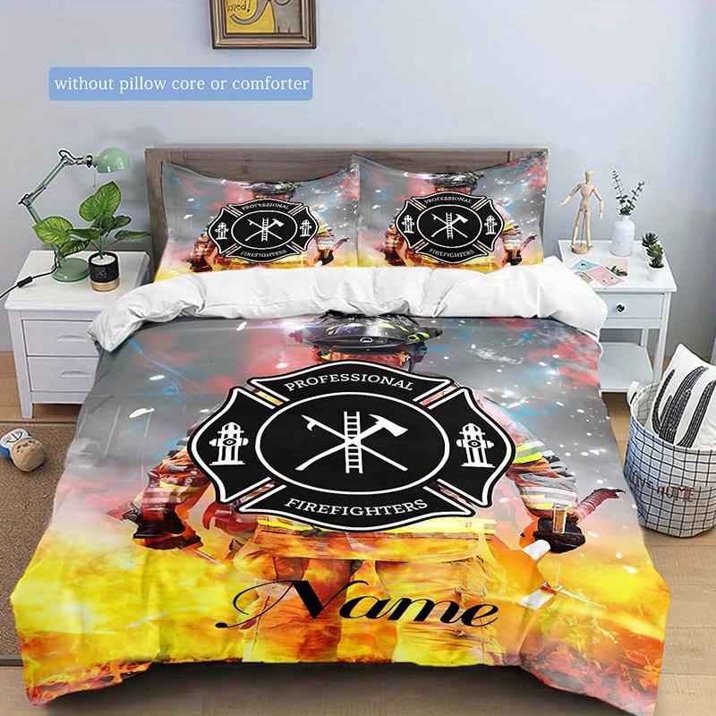 Firefightingpattern Customize Your Name Duvet Cover Soft Bedding Set For Bedroom Guest Room And Dorm Decoration Threepiece Set Includes 1 Duvet Cover