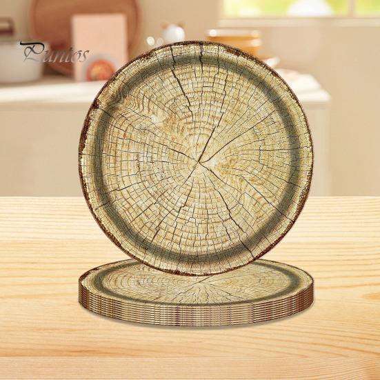 10Pcs Round Wood Grain Paper Tray Food Grade Paper Dinner Plates Decorative Picnic Party Tableware Decoration