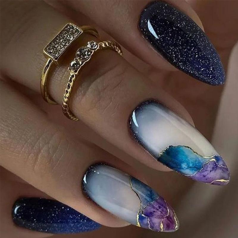 24Pcs Colorful Cat's Eye False Nails Art Rainbow Design Full Cover Nail Tips Simple Long Almond Fake Nails Oval Press on Nails
