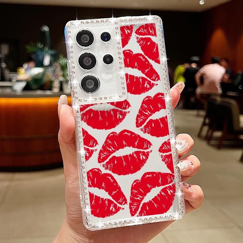 Мягкий силиконовый чехол с принтом в виде губ и ромбовидной рамкой для Samsung S25 Edge S24 FE S23 Ultra S22 A16 A56 A36 A15 A55 A35, прозрачный противоударный чехол для телефона