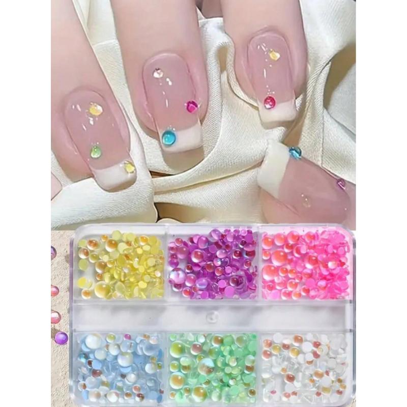 6/12 Grids Assorted Macaron Flat Bottom Pearlescent Rhinestones, Semi-Circular Illusory Decorative Manicure Pearls, Unscented Nail Supplies Nails Nail