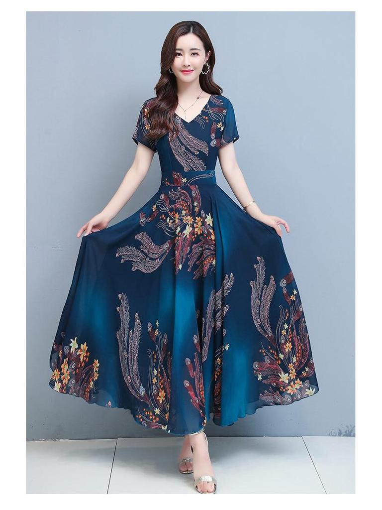 Летнее платье с V-образным вырезом и расклешенной юбкой - Платье миди приталенного силуэта с принтом в корейском стиле для женщин
