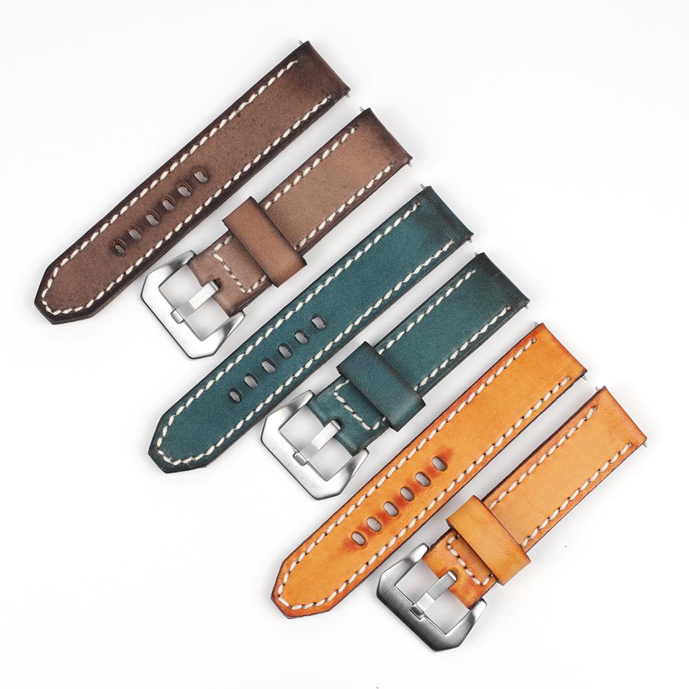 Retro Handmade Cowhide Leather Watch Strap 18mm 20mm 22mm 24mm Men Replacement Watch Band Wrist Bracelet Coffee Blue Tan