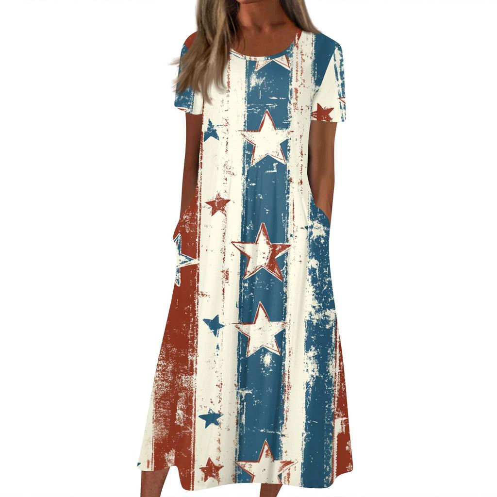 Женское летнее повседневное модное платье с коротким рукавом и карманом на День независимости с коротким рукавом