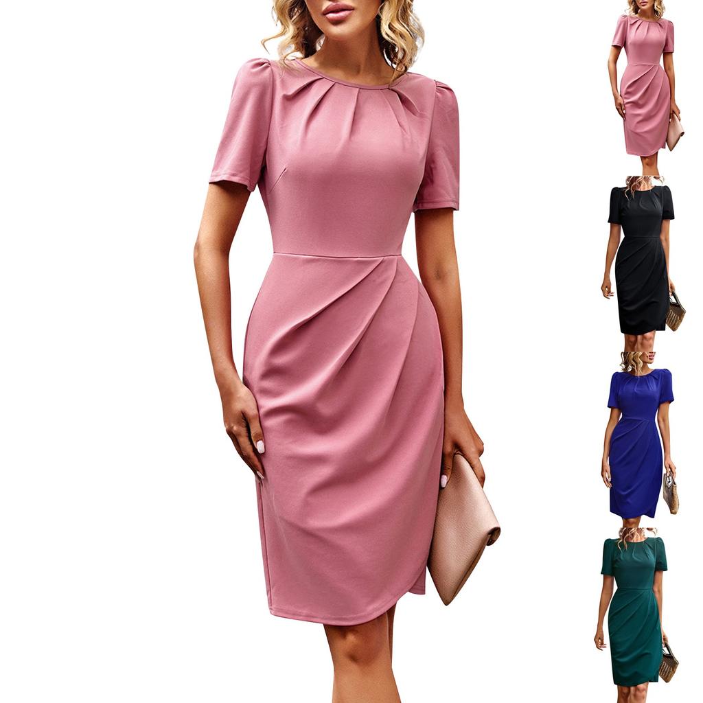 Fashionable, Leisurely And Sexy Women's Solid Color Mid-length Skirt Women's Summer Temperament Round Neck Dress