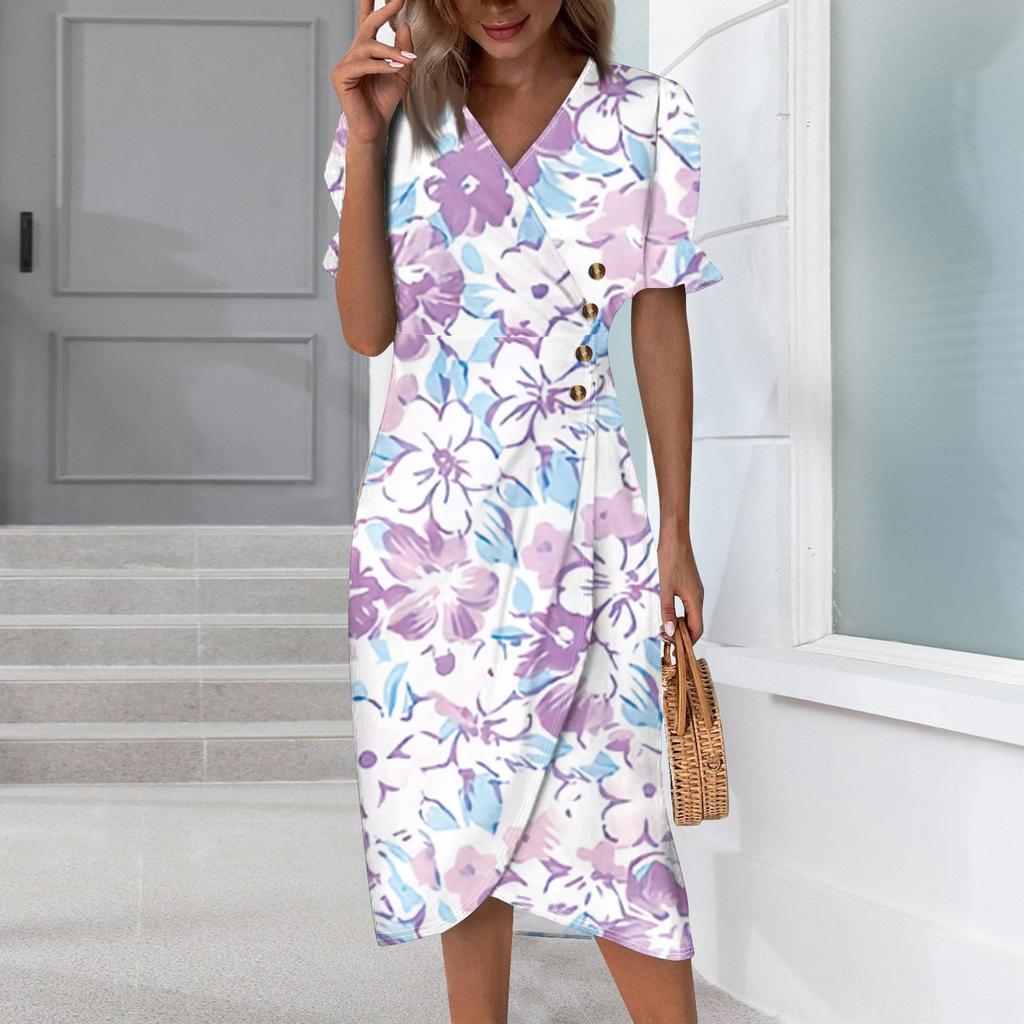 Пляжные платья для женщин, весна-лето, элегантное платье с V-образным вырезом и цветочным принтом в стиле бохо, струящееся гавайское платье макси с рюшами