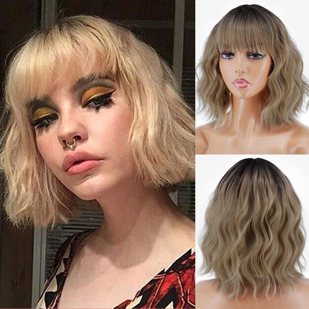 MISS WIG Женский короткий волнистый парик с челкой, платиновый блондин, цвет омбре, парик из синтетического волокна для женщин, повседневная одежда