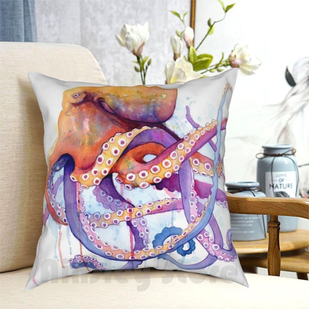 Наволочка Осьминог II с принтом для дома, мягкая, сделай сам, наволочка Осьминог Polpo, разноцветная, акварель, радуга, розовый, фиолетовый, морская жизнь