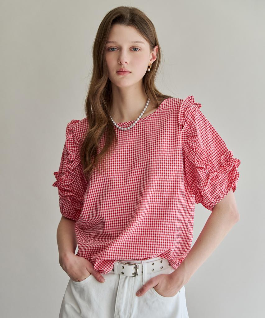MAXZA Gingham Check Frill Puff Blouse