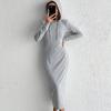 2025 весна однотонное длинное платье с капюшоном и длинными рукавами макси-платье женская мода элегантное облегающее эластичное тонкое прямое серое трикотажное платье vestidos